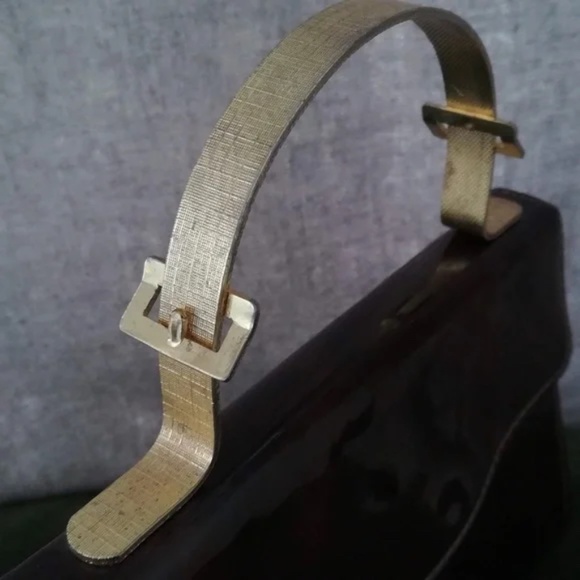❌SOLD❌Vintage evening purse, patent tortoise-shell, gold-tone handle. - Picture 5 of 5